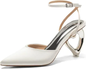 Coutgo Womens Kitten Heels Closed Pointed Toe Heart Heel Ankle Strap Satin Pumps Wedding Prom Dress Shoes