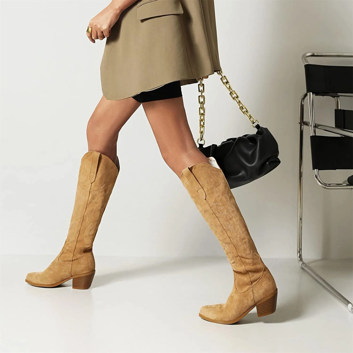Cowboy Boots For Women Mid Calf Cowgirl Western Boots Embroidered Pull-On Chunky Heel Knee High Pointed Toe Fashion Boot
