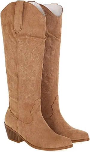 Cowboy Boots For Women Mid Calf Cowgirl Western Boots Embroidered Pull-On Chunky Heel Knee High Pointed Toe Fashion Boot