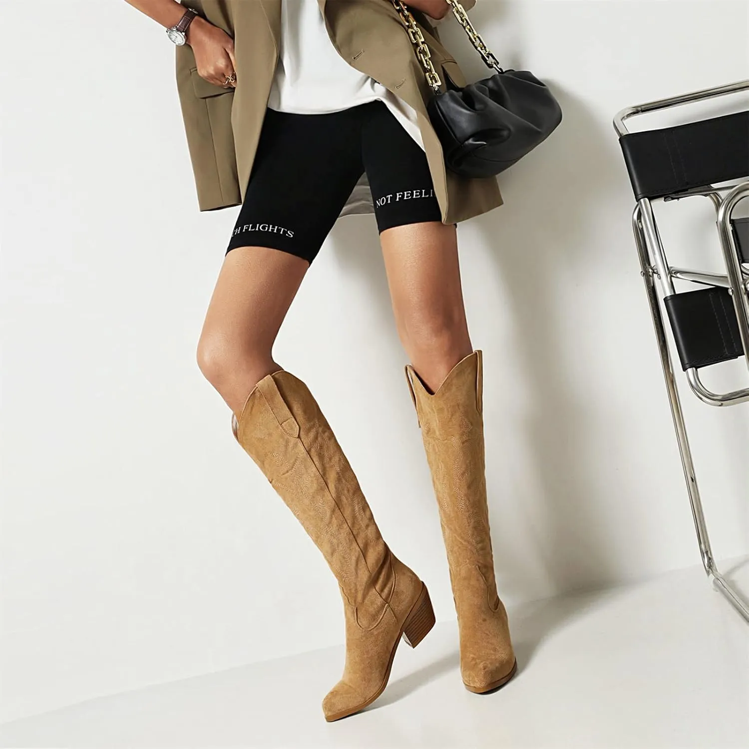 Cowboy Boots For Women Mid Calf Cowgirl Western Boots Embroidered Pull-On Chunky Heel Knee High Pointed Toe Fashion Boot