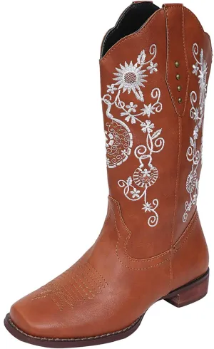 Cowboy Boots For Women Mid Calf Cowgirl Western Boots Embroidery Low Heel Knee High Chunky Heel Fashion Classic Boot Pull-On