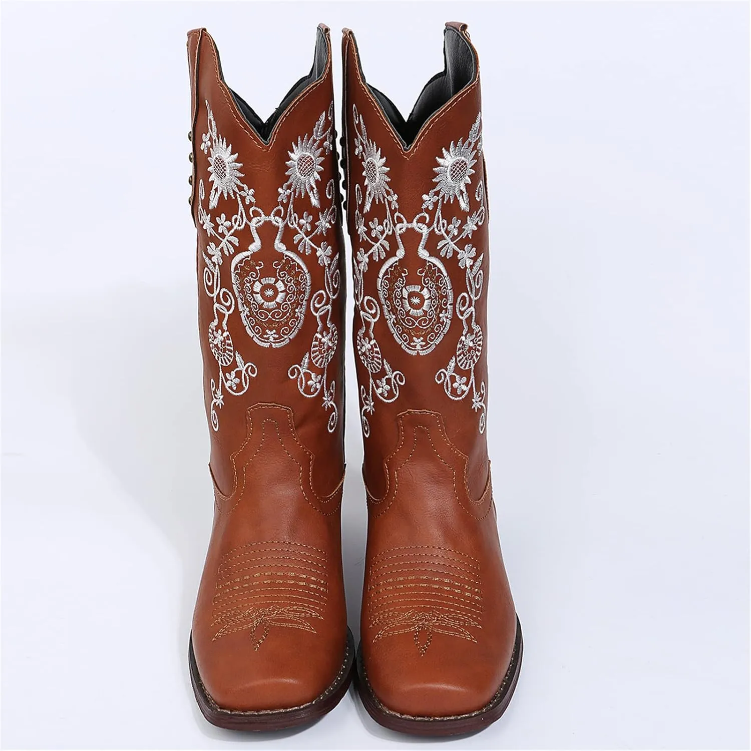 Cowboy Boots For Women Mid Calf Cowgirl Western Boots Embroidery Low Heel Knee High Chunky Heel Fashion Classic Boot Pull-On
