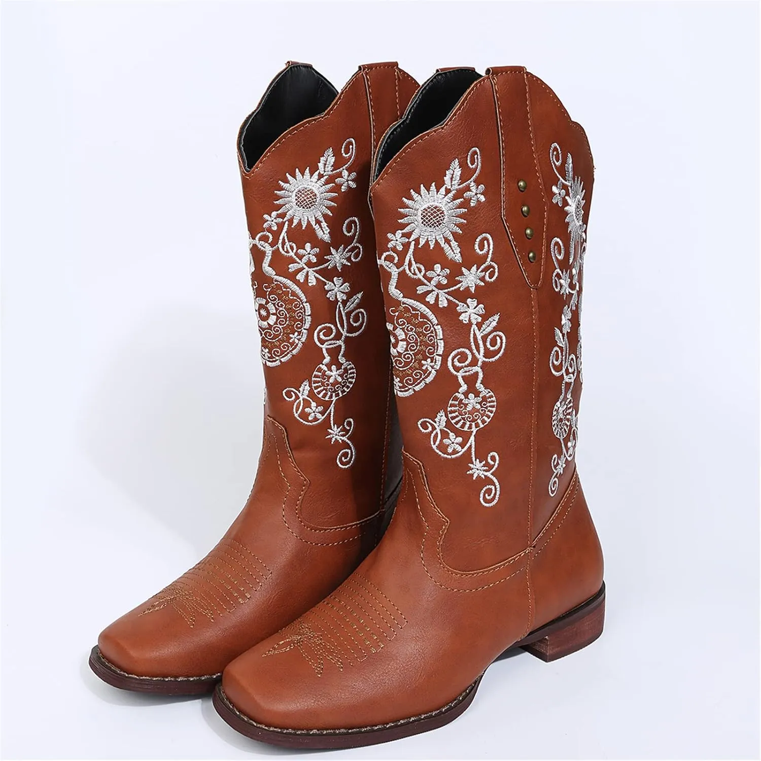 Cowboy Boots For Women Mid Calf Cowgirl Western Boots Embroidery Low Heel Knee High Chunky Heel Fashion Classic Boot Pull-On