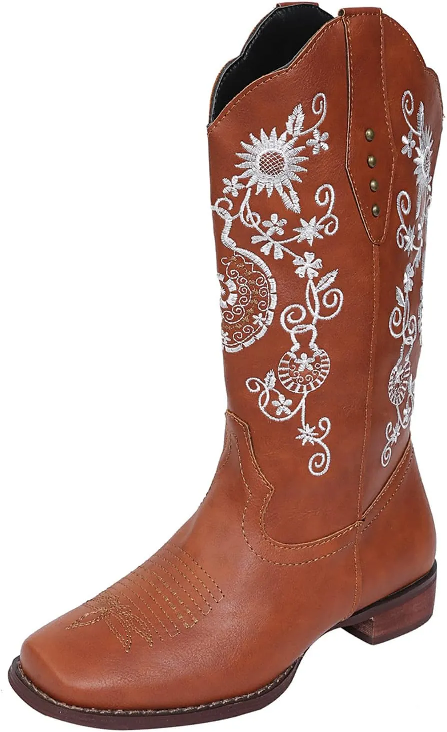Cowboy Boots For Women Mid Calf Cowgirl Western Boots Embroidery Low Heel Knee High Chunky Heel Fashion Classic Boot Pull-On