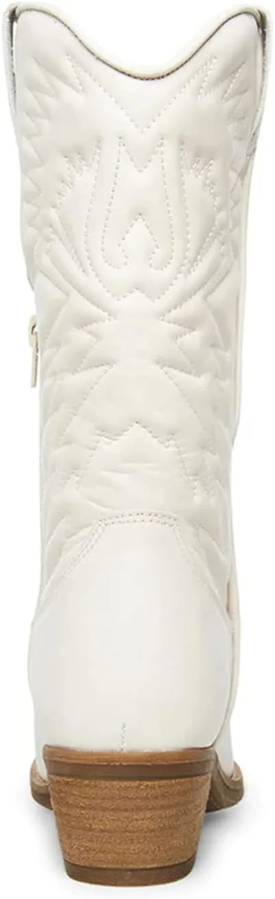 Cowboy Boots For Women Wide Calf Mid Calf Embroidered Pull On Cowgirl Boots Block Chunky Heel Western Riding Wedding Boots