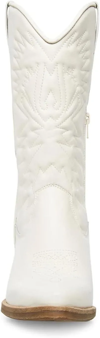 Cowboy Boots For Women Wide Calf Mid Calf Embroidered Pull On Cowgirl Boots Block Chunky Heel Western Riding Wedding Boots