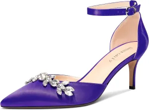 DearOnly Womens Stiletto Mid Heel Pointed Toe Ankle Strap Pumps Rhinestone Kitten Heels Adjustable Buckle Wedding Dress Satin Shoes 2.4 Inches Heels