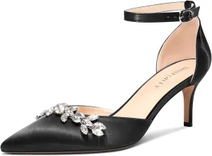 DearOnly Womens Stiletto Mid Heel Pointed Toe Ankle Strap Pumps Rhinestone Kitten Heels Adjustable Buckle Wedding Dress Satin Shoes 2.4 Inches Heels