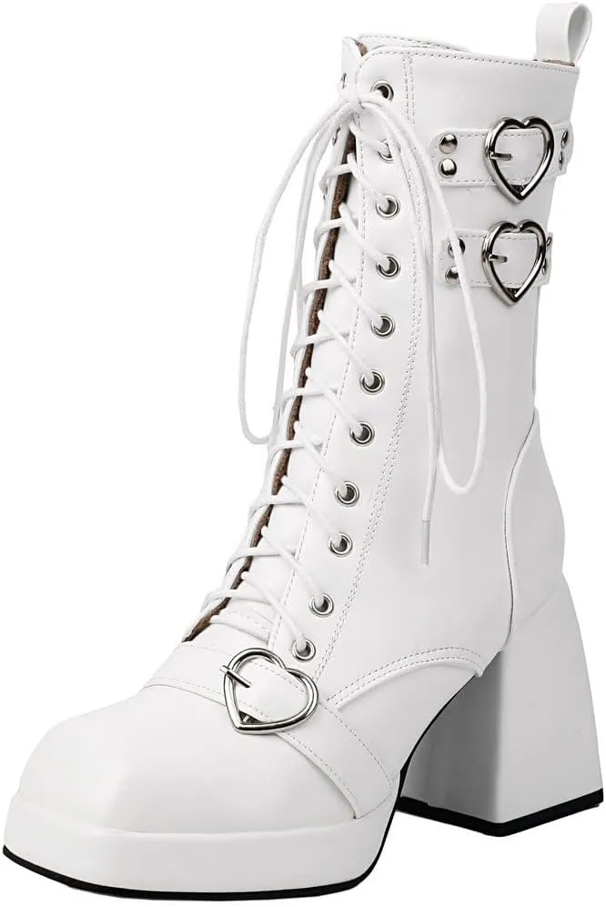 DINTAHA Womens Chunky Heeled Combat Boots Goth Platform Boots with Buckles Lace Up Platform Boots Square Toe Gothic Boots