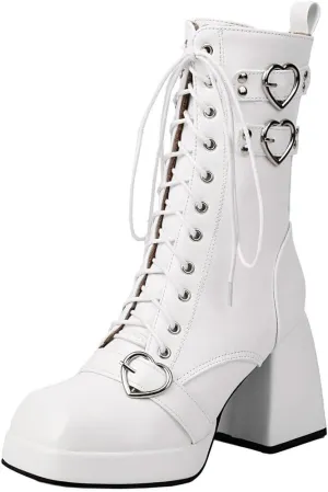 DINTAHA Womens Chunky Heeled Combat Boots Goth Platform Boots with Buckles Lace Up Platform Boots Square Toe Gothic Boots