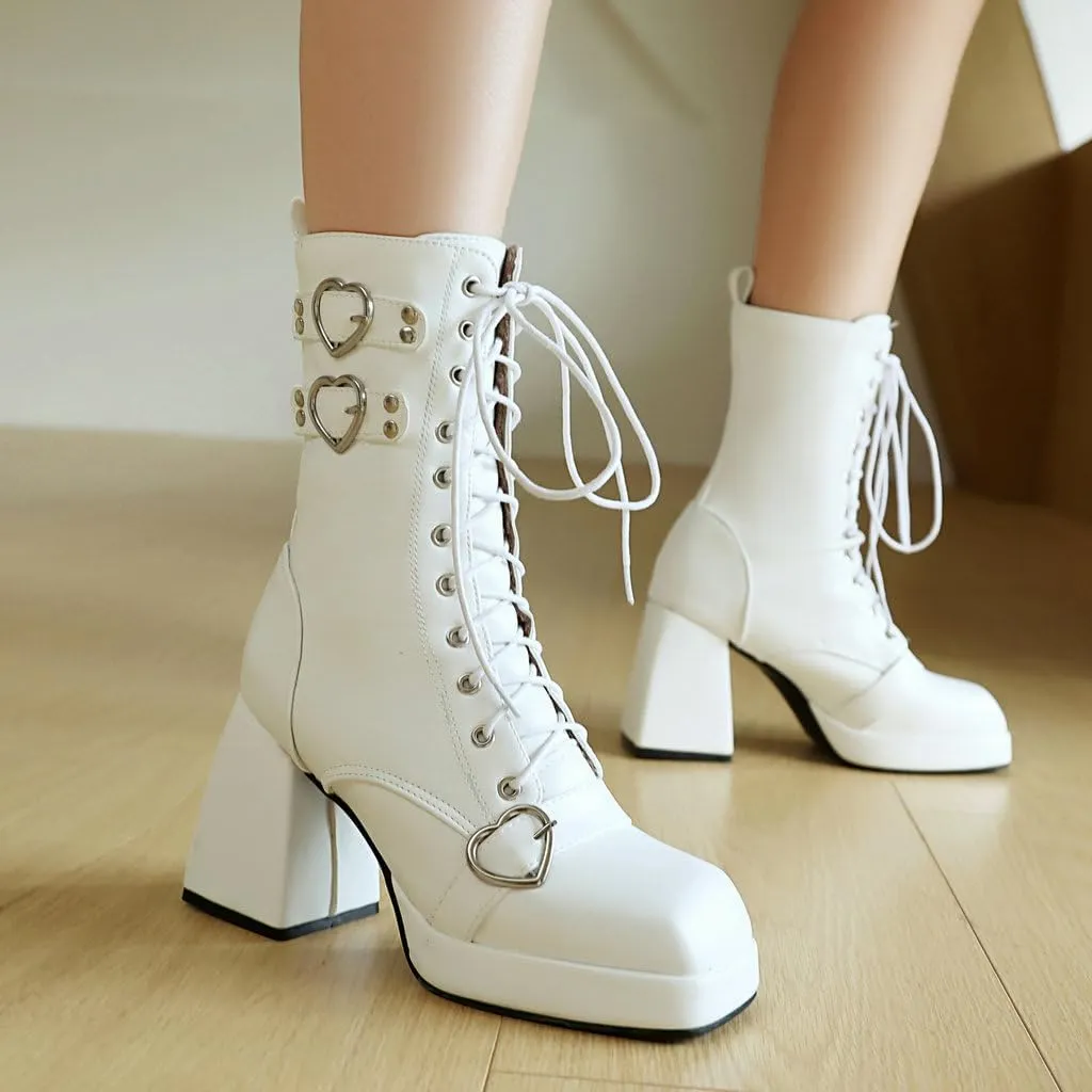 DINTAHA Womens Chunky Heeled Combat Boots Goth Platform Boots with Buckles Lace Up Platform Boots Square Toe Gothic Boots