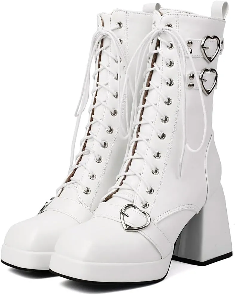 DINTAHA Womens Chunky Heeled Combat Boots Goth Platform Boots with Buckles Lace Up Platform Boots Square Toe Gothic Boots