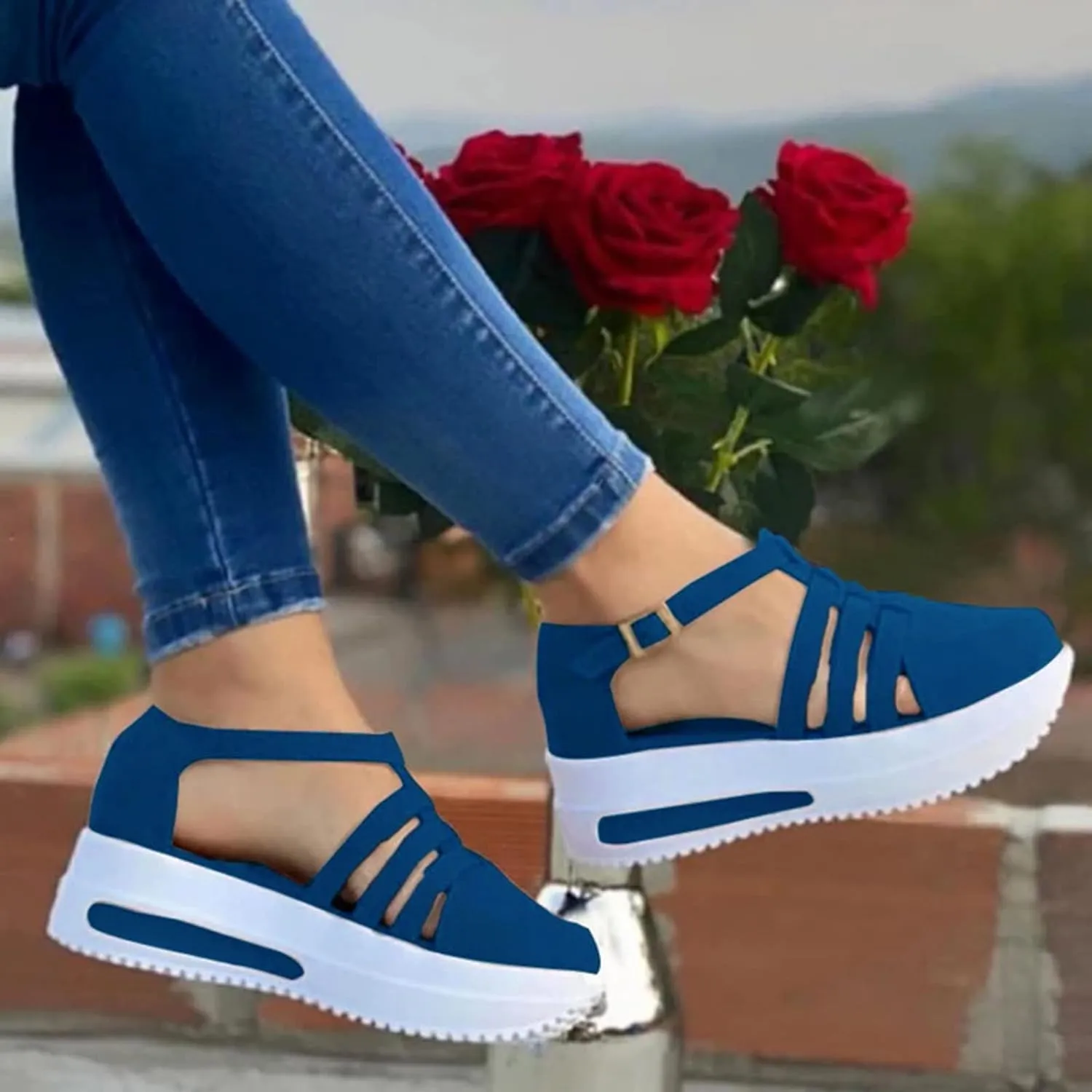 Dotmalls Shoes for Women,Platform Wedges Sandals Casual Dressy Summer 2025 Comfortable Non Slip on Ankle Strap Walking Cushioned Loafers On Low Top Lightweight Canvas Wedge Breathble Sneakers