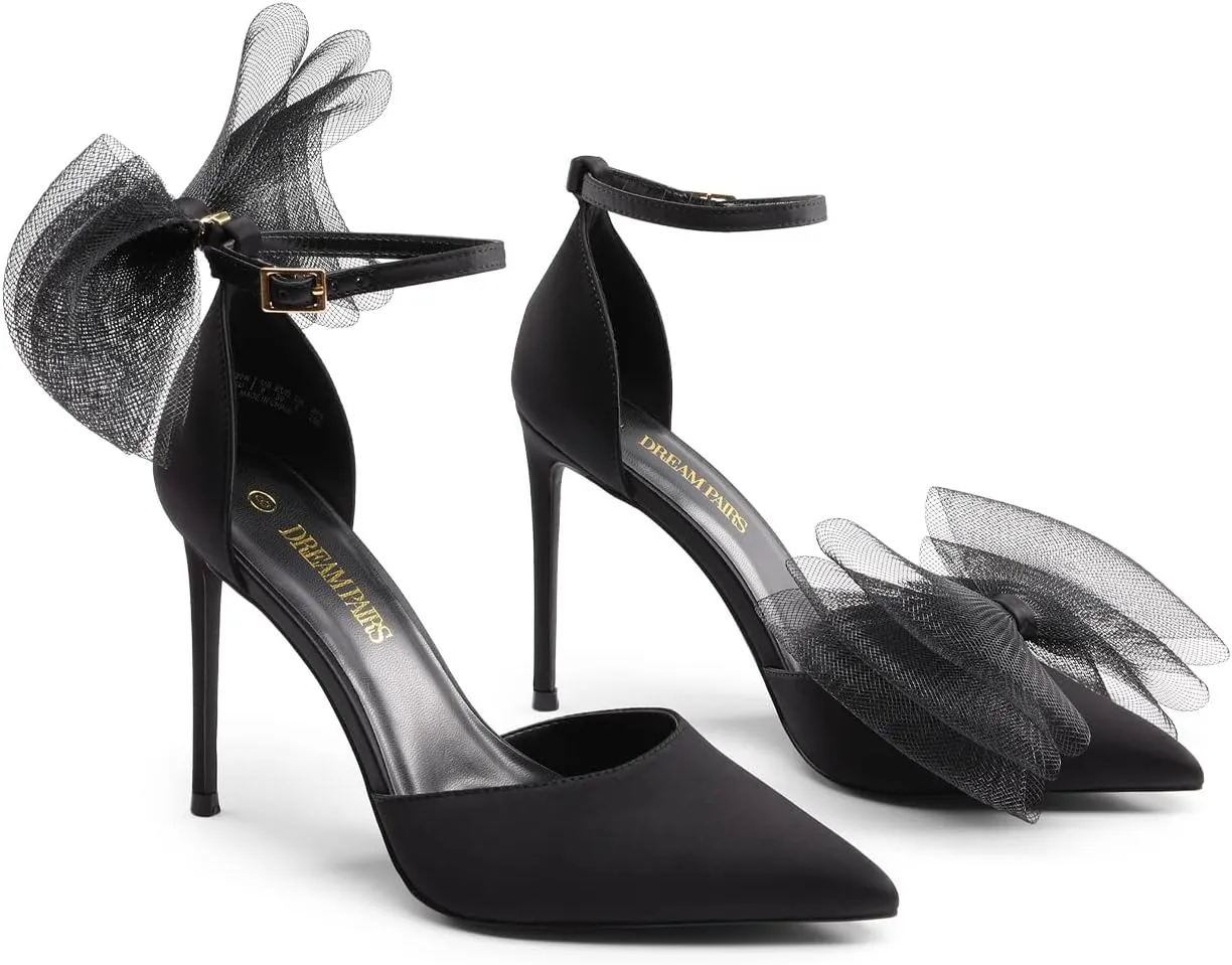 DREAM PAIRS Women's High Heels Strappy Closed Toe Stiletto Pointed Toe Mesh Bows Ankle Strap D'Orsay Sexy Dress Wedding Party Pumps Shoes