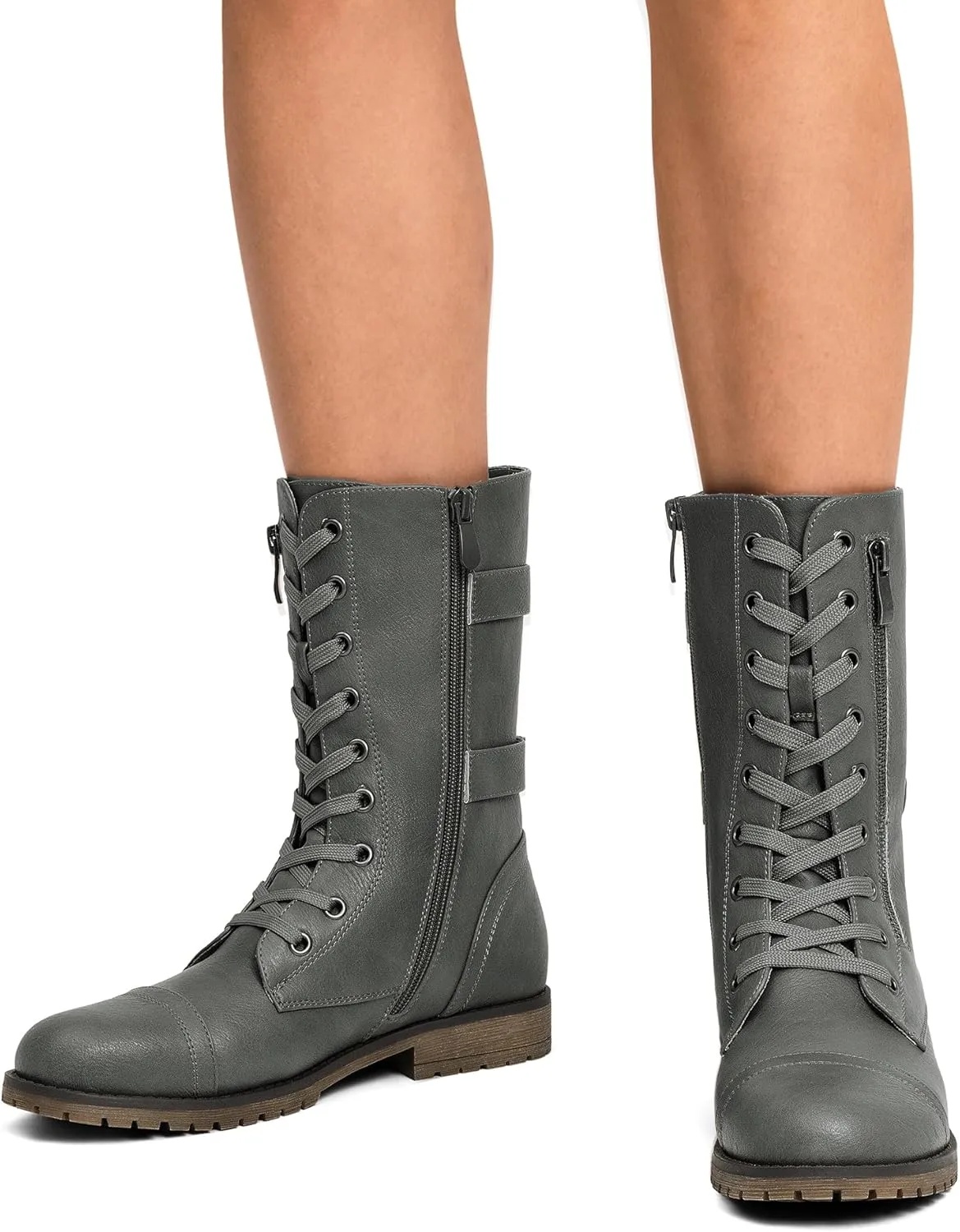 DREAM PAIRS Women's Mid Calf Built-in Wallet Pocket Lace up Military Combat Boots