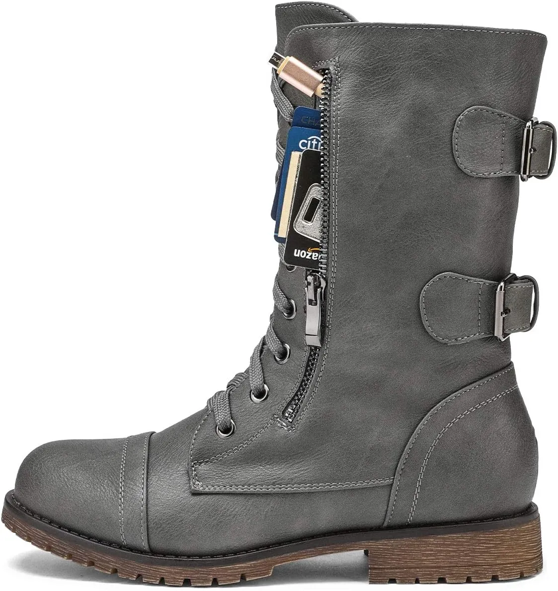 DREAM PAIRS Women's Mid Calf Built-in Wallet Pocket Lace up Military Combat Boots