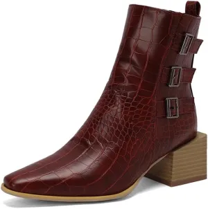 Elbslutt Denim Ankle Boots for Women Chunky Stacked Block Low Heel Comfortable Square Toe Ankle Chelsea Booties Shoes Strappy Buckle Booties with Zipper