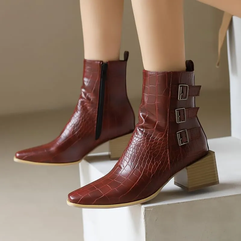 Elbslutt Denim Ankle Boots for Women Chunky Stacked Block Low Heel Comfortable Square Toe Ankle Chelsea Booties Shoes Strappy Buckle Booties with Zipper