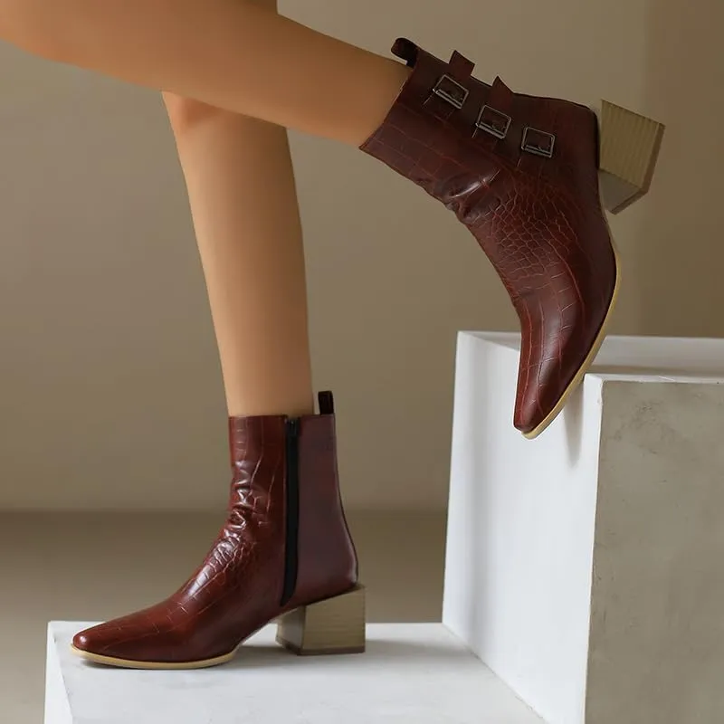 Elbslutt Denim Ankle Boots for Women Chunky Stacked Block Low Heel Comfortable Square Toe Ankle Chelsea Booties Shoes Strappy Buckle Booties with Zipper