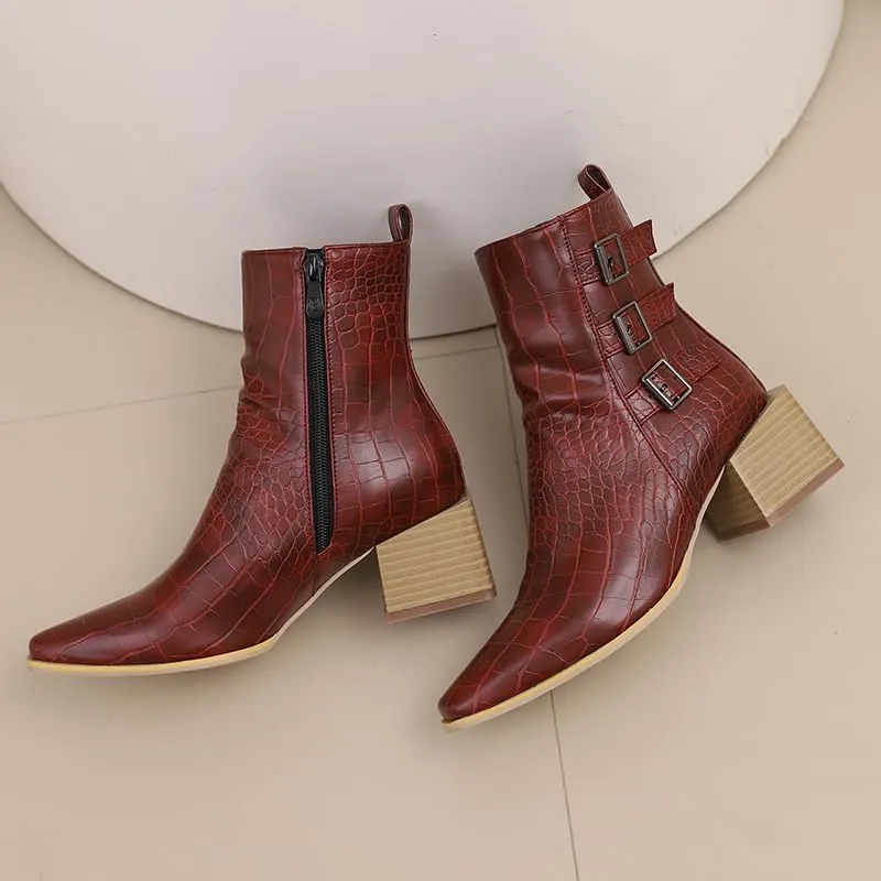 Elbslutt Denim Ankle Boots for Women Chunky Stacked Block Low Heel Comfortable Square Toe Ankle Chelsea Booties Shoes Strappy Buckle Booties with Zipper