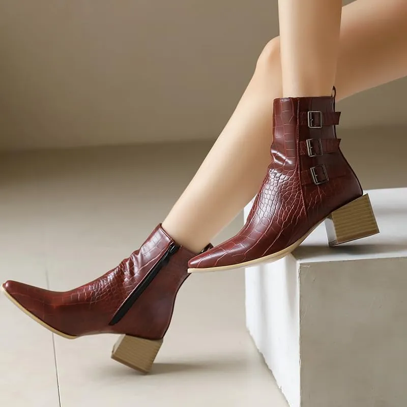 Elbslutt Denim Ankle Boots for Women Chunky Stacked Block Low Heel Comfortable Square Toe Ankle Chelsea Booties Shoes Strappy Buckle Booties with Zipper