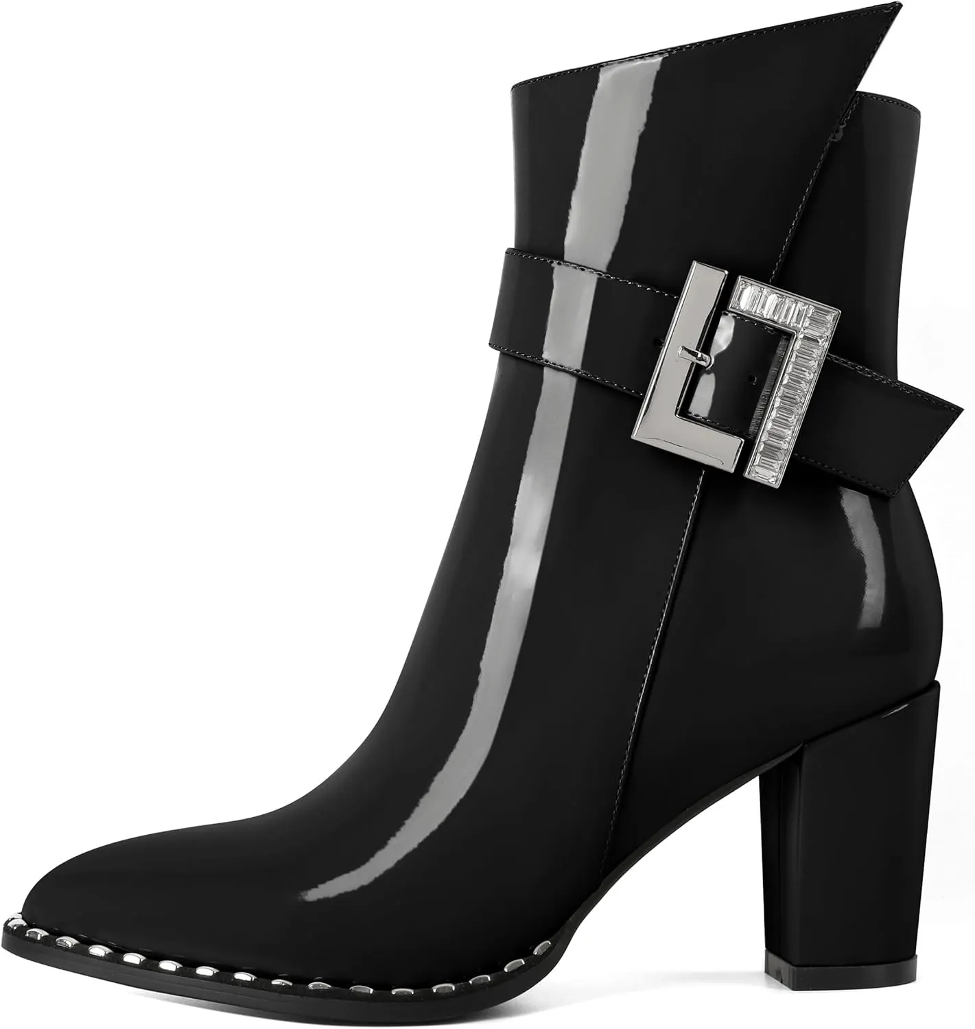 Eldof Ankle Boots for Women Block Chunky Heel Round Toe Beaded Heeled Fall Short Booties Buckle Strap Side Zipper 3 Inches
