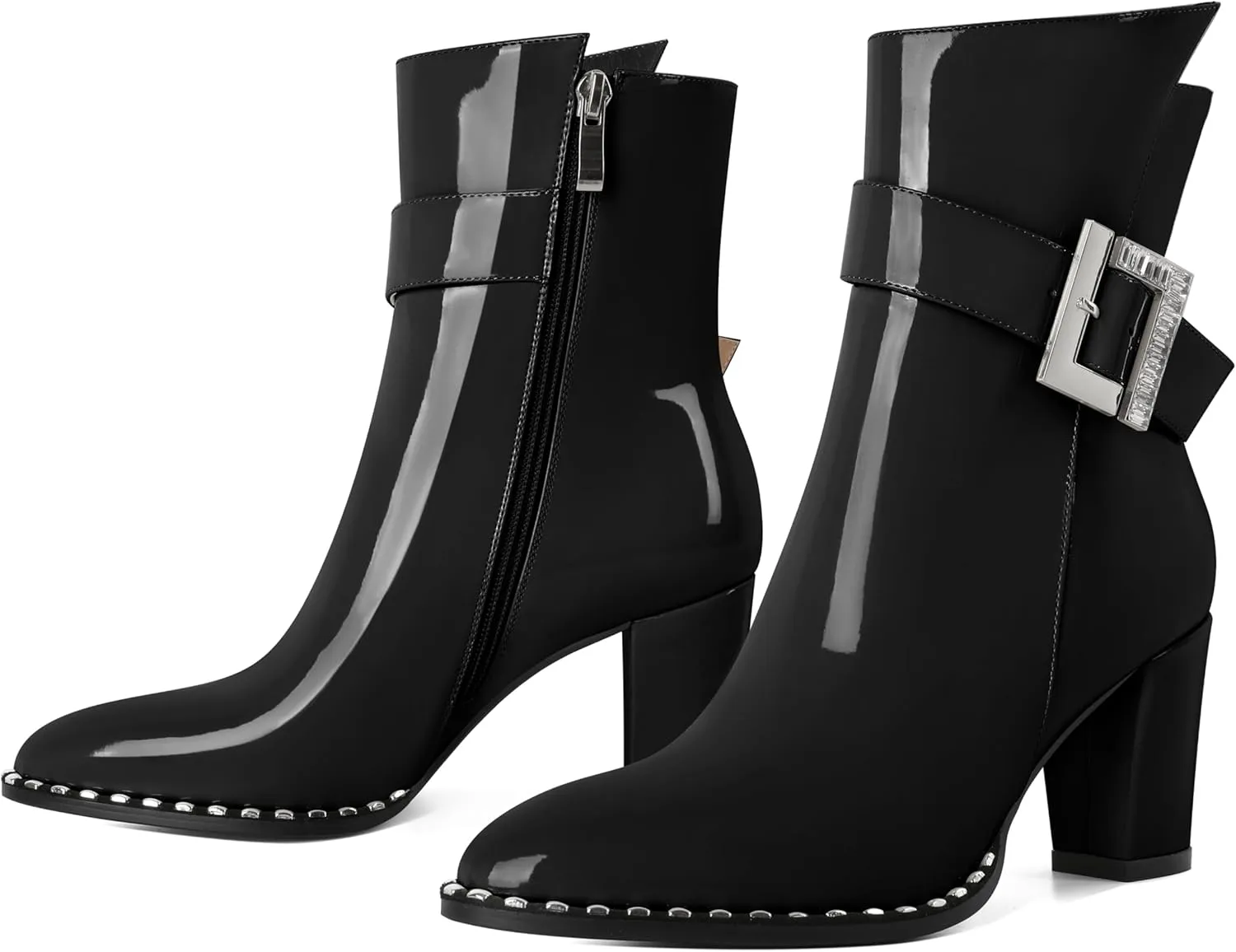 Eldof Ankle Boots for Women Block Chunky Heel Round Toe Beaded Heeled Fall Short Booties Buckle Strap Side Zipper 3 Inches