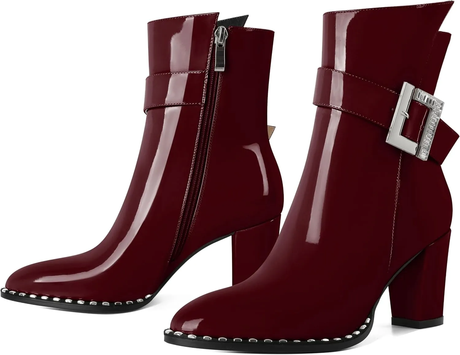 Eldof Ankle Boots for Women Block Chunky Heel Round Toe Beaded Heeled Fall Short Booties Buckle Strap Side Zipper 3 Inches