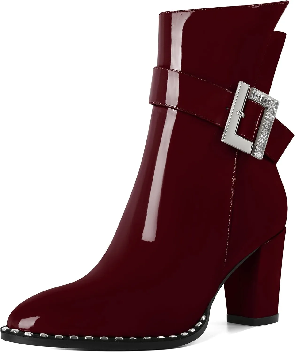 Eldof Ankle Boots for Women Block Chunky Heel Round Toe Beaded Heeled Fall Short Booties Buckle Strap Side Zipper 3 Inches