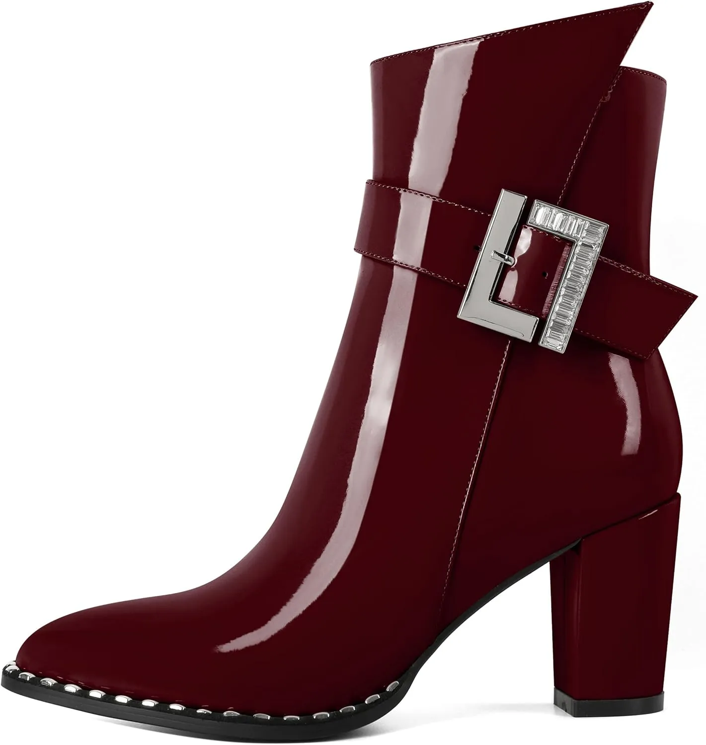 Eldof Ankle Boots for Women Block Chunky Heel Round Toe Beaded Heeled Fall Short Booties Buckle Strap Side Zipper 3 Inches