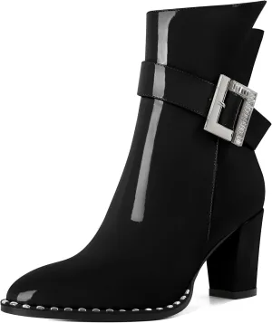 Eldof Ankle Boots for Women Block Chunky Heel Round Toe Beaded Heeled Fall Short Booties Buckle Strap Side Zipper 3 Inches