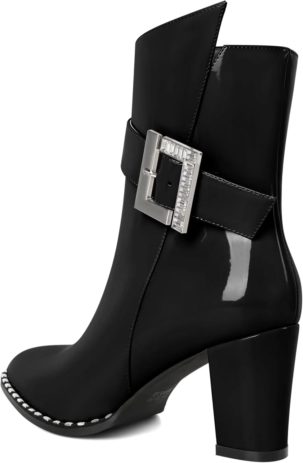 Eldof Ankle Boots for Women Block Chunky Heel Round Toe Beaded Heeled Fall Short Booties Buckle Strap Side Zipper 3 Inches