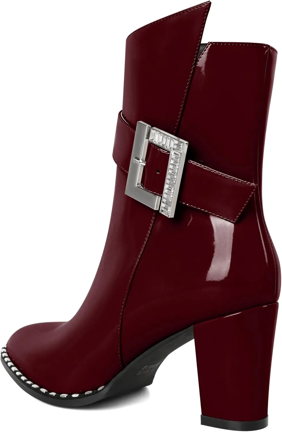 Eldof Ankle Boots for Women Block Chunky Heel Round Toe Beaded Heeled Fall Short Booties Buckle Strap Side Zipper 3 Inches