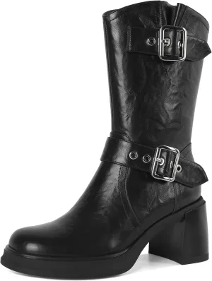 Eldof Mid Calf Boots for Women Platform Chunky Heel Booties with Buckles Square Toe Side Zipper Biker Motorcycle Leather Boots Women Fall Winter 3 Inches