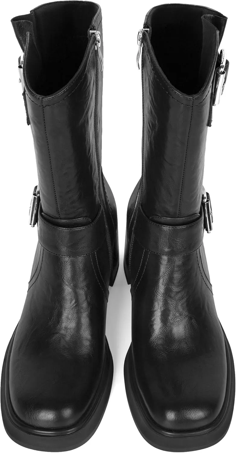 Eldof Mid Calf Boots for Women Platform Chunky Heel Booties with Buckles Square Toe Side Zipper Biker Motorcycle Leather Boots Women Fall Winter 3 Inches