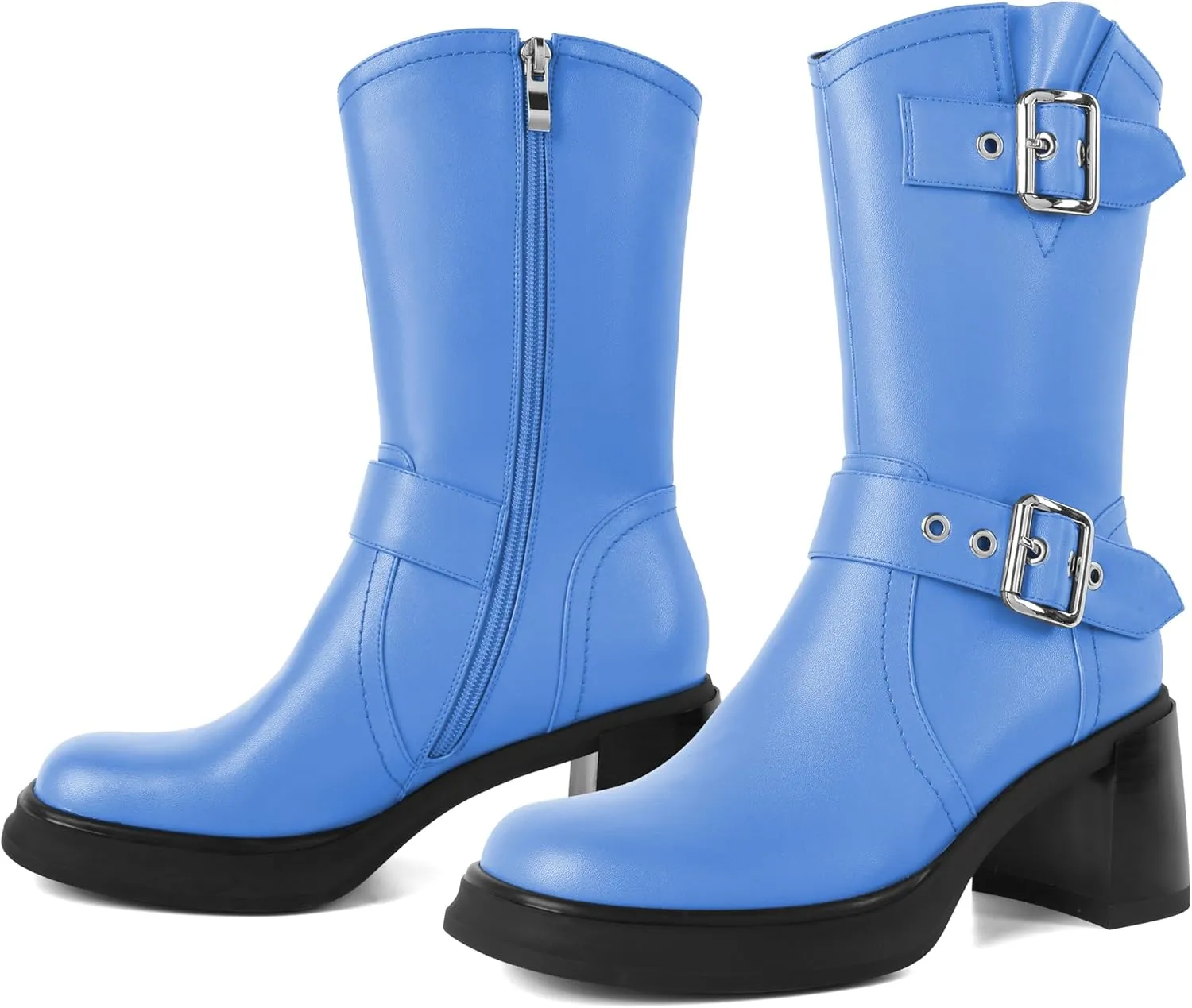 Eldof Mid Calf Boots for Women Platform Chunky Heel Booties with Buckles Square Toe Side Zipper Biker Motorcycle Leather Boots Women Fall Winter 3 Inches