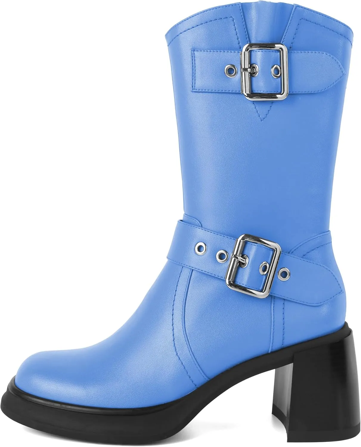 Eldof Mid Calf Boots for Women Platform Chunky Heel Booties with Buckles Square Toe Side Zipper Biker Motorcycle Leather Boots Women Fall Winter 3 Inches
