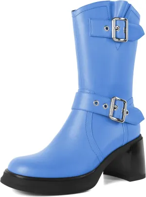 Eldof Mid Calf Boots for Women Platform Chunky Heel Booties with Buckles Square Toe Side Zipper Biker Motorcycle Leather Boots Women Fall Winter 3 Inches