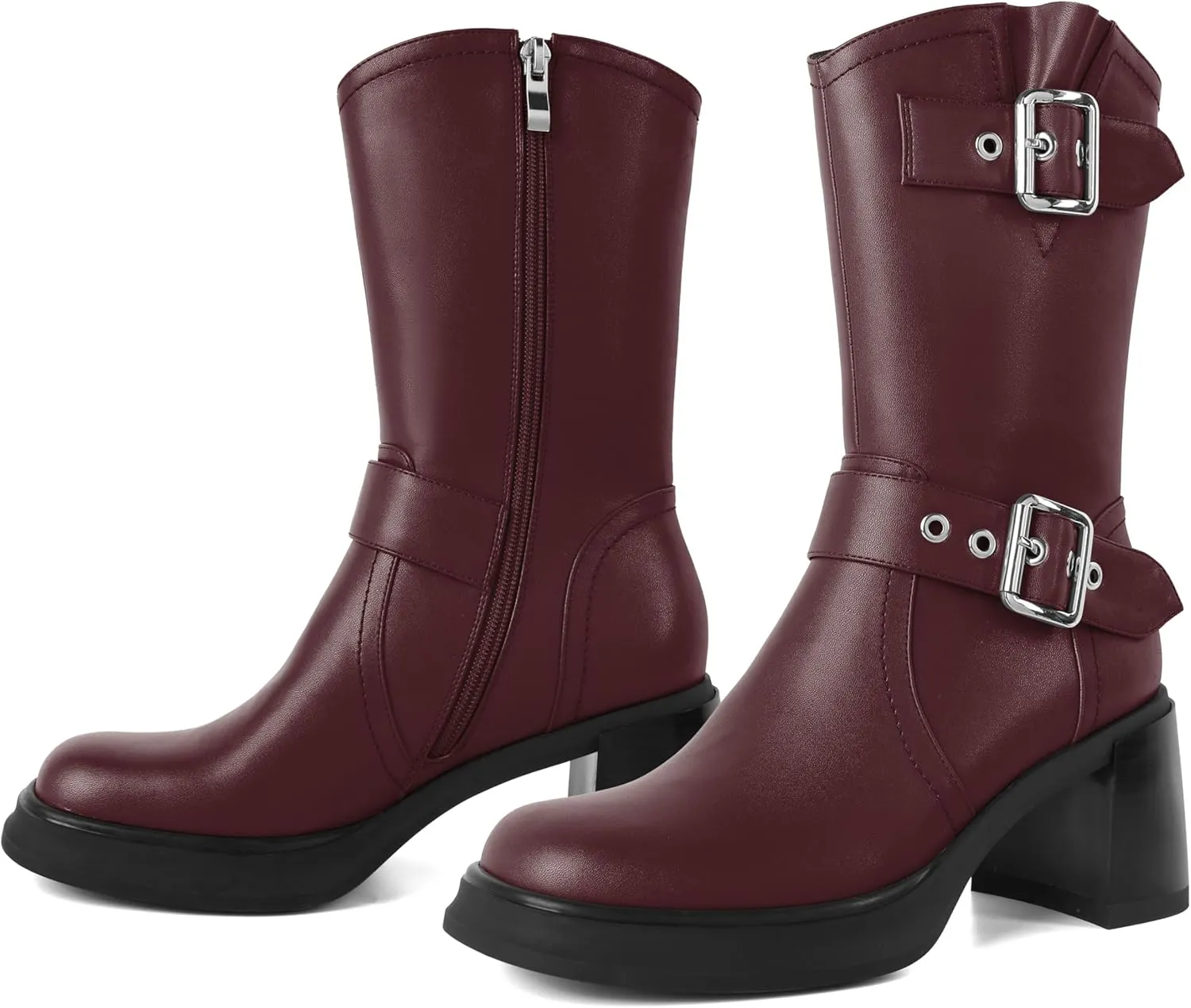 Eldof Mid Calf Boots for Women Platform Chunky Heel Booties with Buckles Square Toe Side Zipper Biker Motorcycle Leather Boots Women Fall Winter 3 Inches