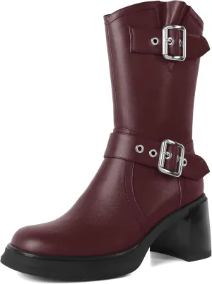 Eldof Mid Calf Boots for Women Platform Chunky Heel Booties with Buckles Square Toe Side Zipper Biker Motorcycle Leather Boots Women Fall Winter 3 Inches