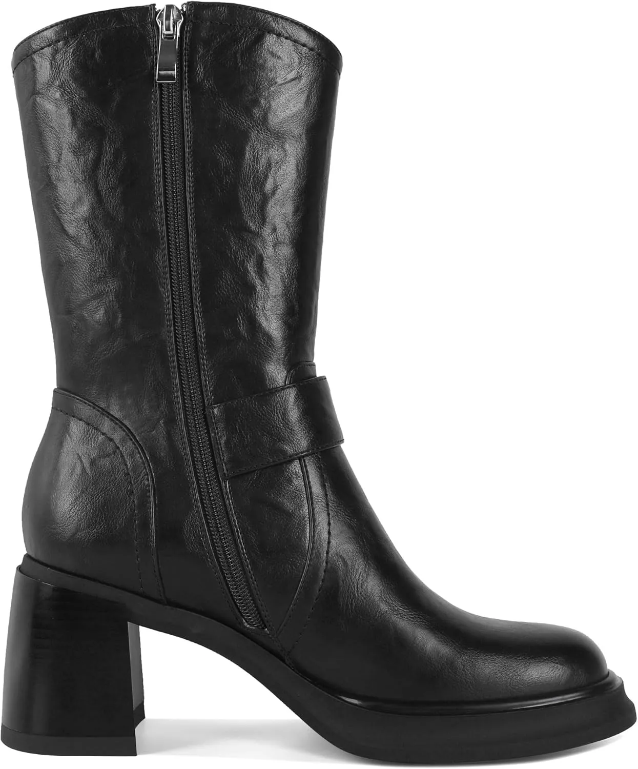 Eldof Mid Calf Boots for Women Platform Chunky Heel Booties with Buckles Square Toe Side Zipper Biker Motorcycle Leather Boots Women Fall Winter 3 Inches