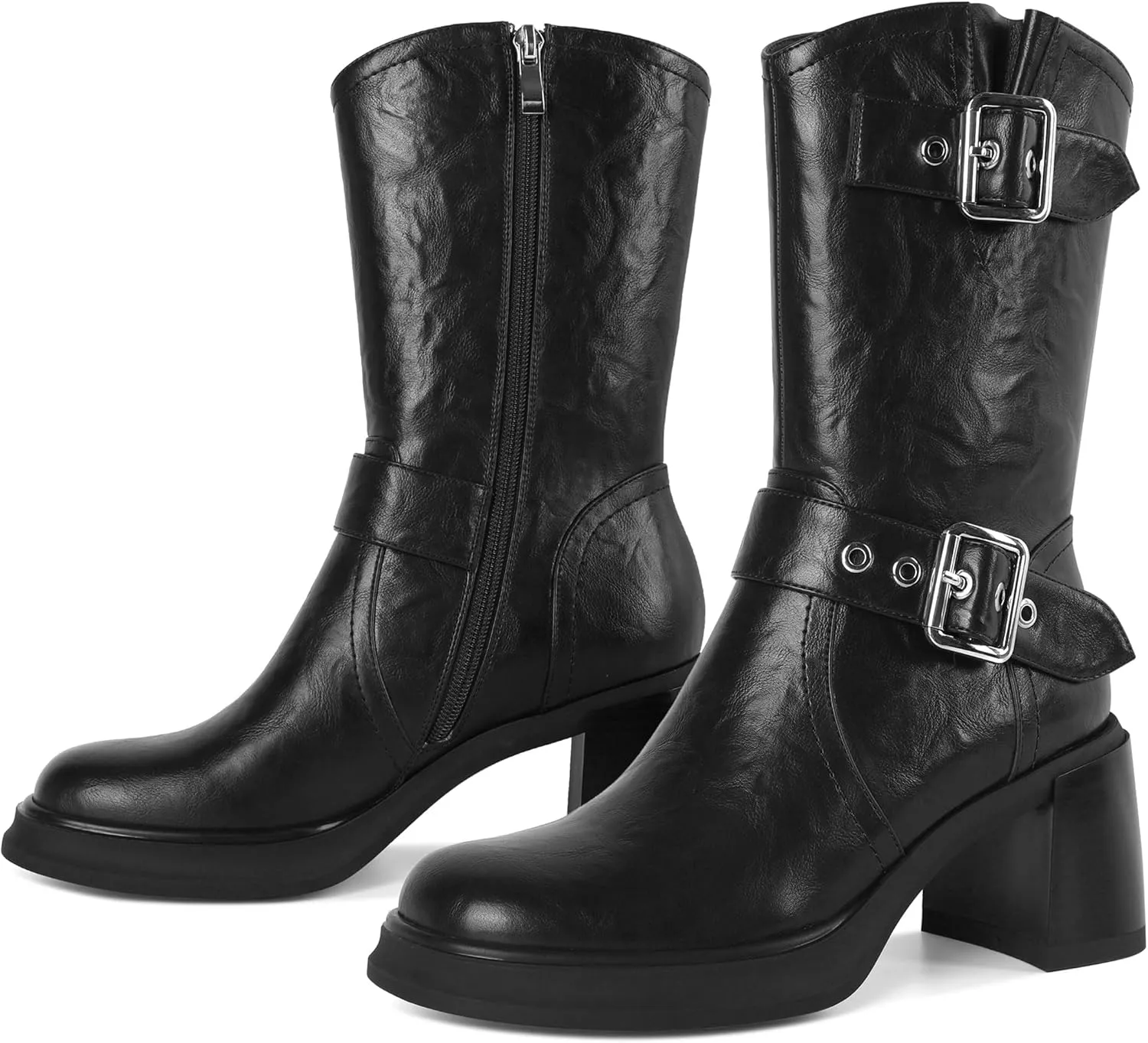 Eldof Mid Calf Boots for Women Platform Chunky Heel Booties with Buckles Square Toe Side Zipper Biker Motorcycle Leather Boots Women Fall Winter 3 Inches