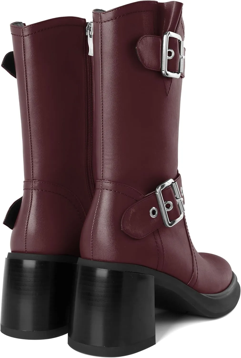 Eldof Mid Calf Boots for Women Platform Chunky Heel Booties with Buckles Square Toe Side Zipper Biker Motorcycle Leather Boots Women Fall Winter 3 Inches