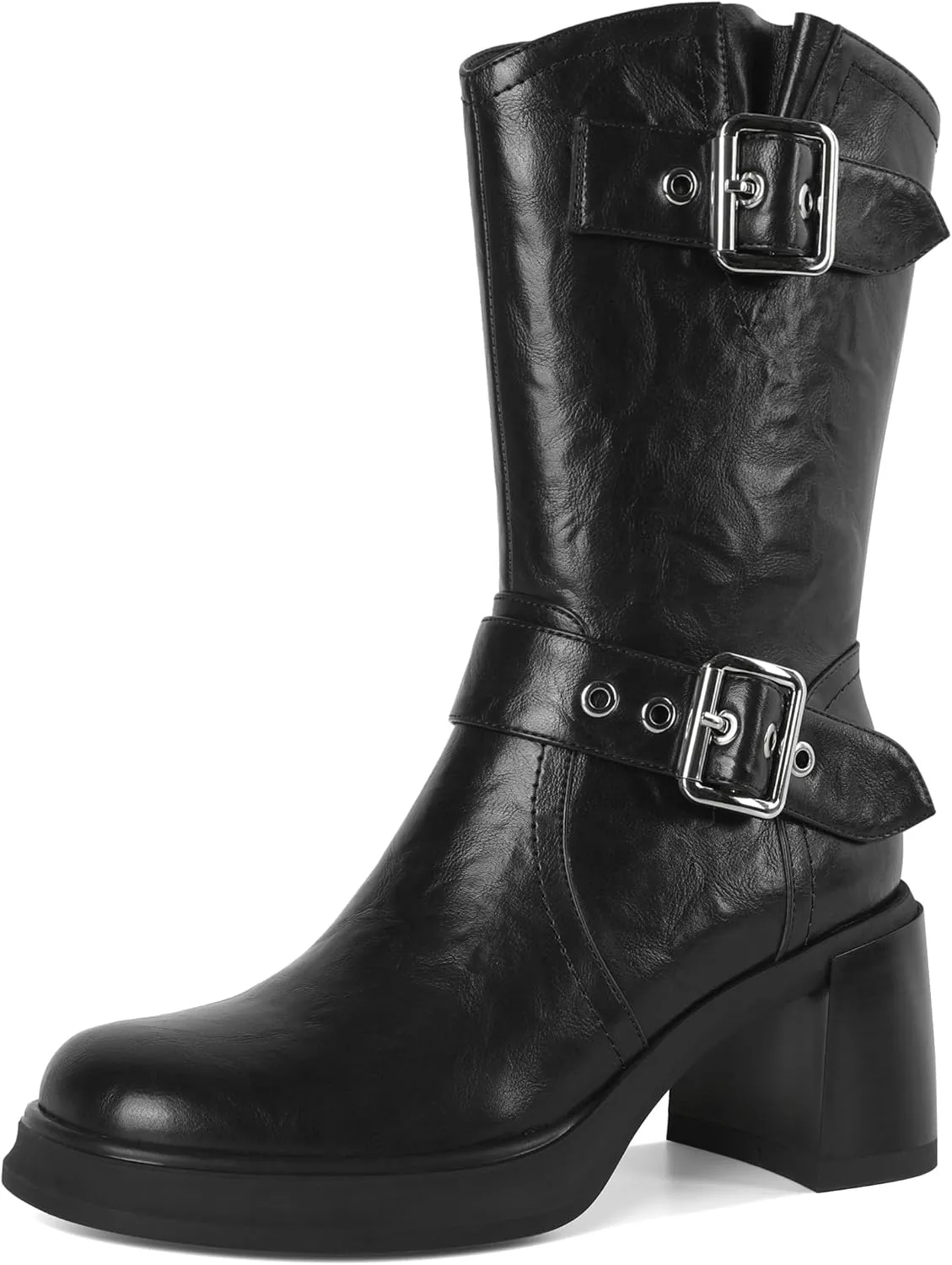 Eldof Mid Calf Boots for Women Platform Chunky Heel Booties with Buckles Square Toe Side Zipper Biker Motorcycle Leather Boots Women Fall Winter 3 Inches