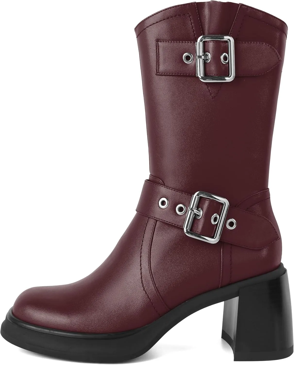 Eldof Mid Calf Boots for Women Platform Chunky Heel Booties with Buckles Square Toe Side Zipper Biker Motorcycle Leather Boots Women Fall Winter 3 Inches