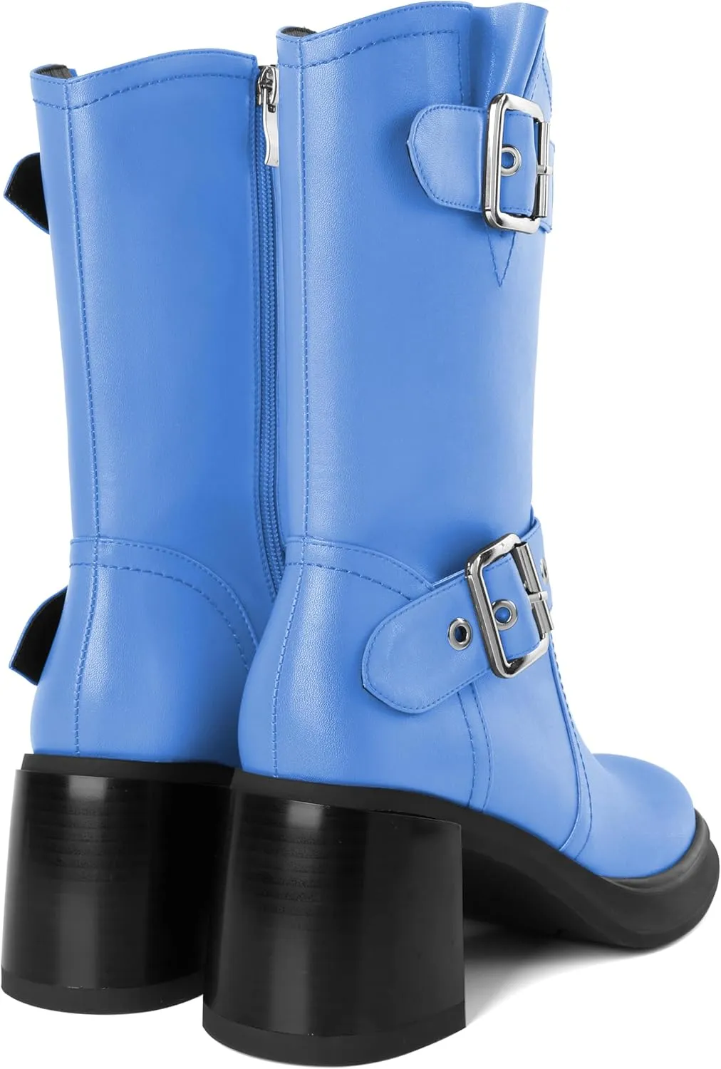 Eldof Mid Calf Boots for Women Platform Chunky Heel Booties with Buckles Square Toe Side Zipper Biker Motorcycle Leather Boots Women Fall Winter 3 Inches