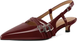 Eldof Women's Slingback Kitten Heels Buckle Strap Pointed Closed Toe Slip On Low Heel Pumps Shoes Dress 1.5 Inches