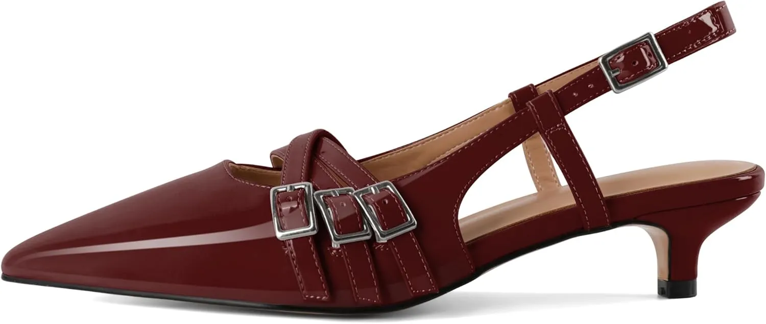 Eldof Women's Slingback Kitten Heels Buckle Strap Pointed Closed Toe Slip On Low Heel Pumps Shoes Dress 1.5 Inches