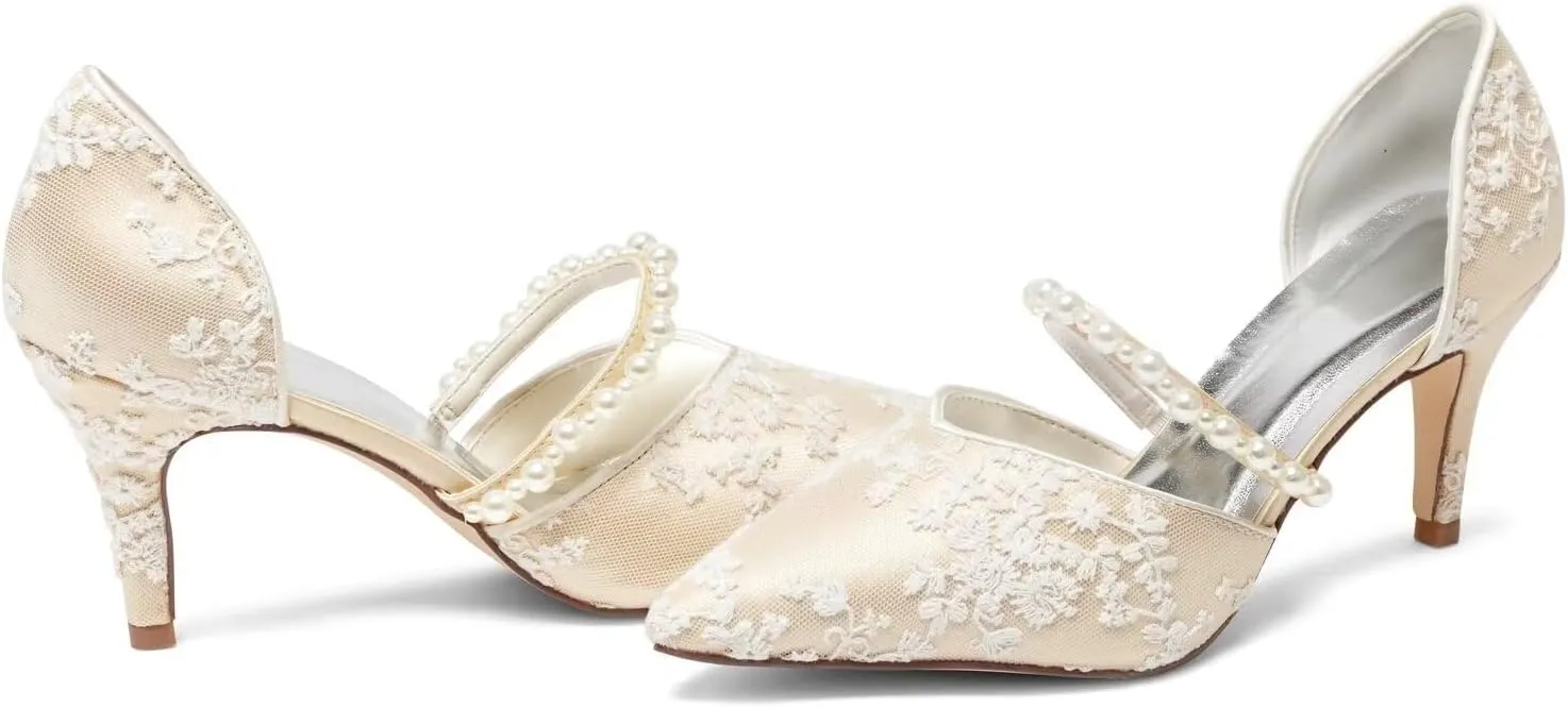 Emily Bridal A18353-49 Women's Wedding Shoes Pointed Toe 3.15 Inches Stiletto Heel Satin Pumps Pearl Flower Bridal Shoes