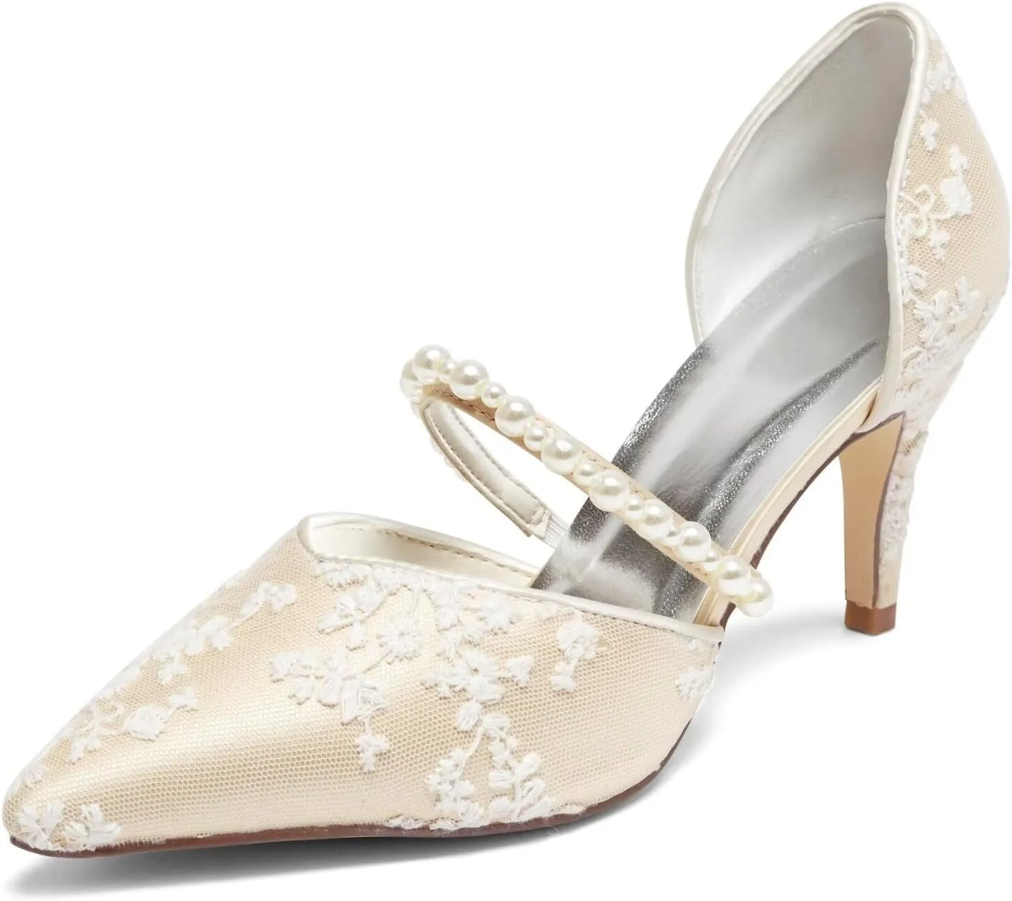 Emily Bridal A18353-49 Women's Wedding Shoes Pointed Toe 3.15 Inches Stiletto Heel Satin Pumps Pearl Flower Bridal Shoes